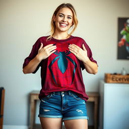 A stunningly beautiful 20-year-old woman radiates youth and confidence, standing in a casual yet alluring pose