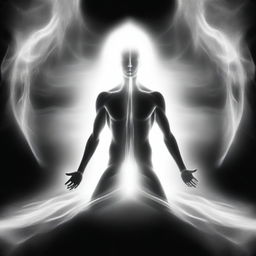 A black and white representation of an astral projection of a bodiless spiritual being communicating with higher spirits, underpinning concepts of reincarnation and multidimensional frequencies