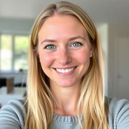 An image of a 35-year-old Danish woman captured from the waist up, showcasing her light blonde hair and light, natural makeup
