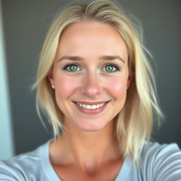 An image of a 35-year-old Danish woman captured from the waist up, showcasing her light blonde hair and light, natural makeup