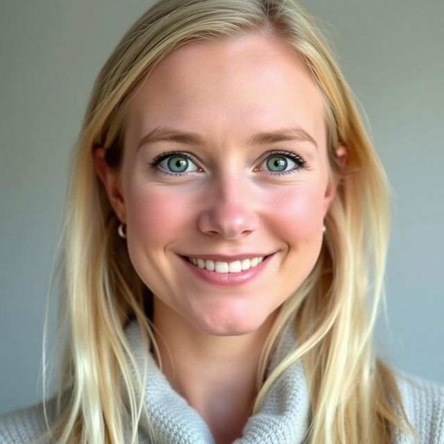 An image of a 35-year-old Danish woman captured from the waist up, showcasing her light blonde hair and light, natural makeup