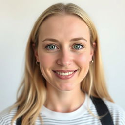 An image of a 35-year-old Danish woman captured from the waist up, showcasing her light blonde hair and light, natural makeup