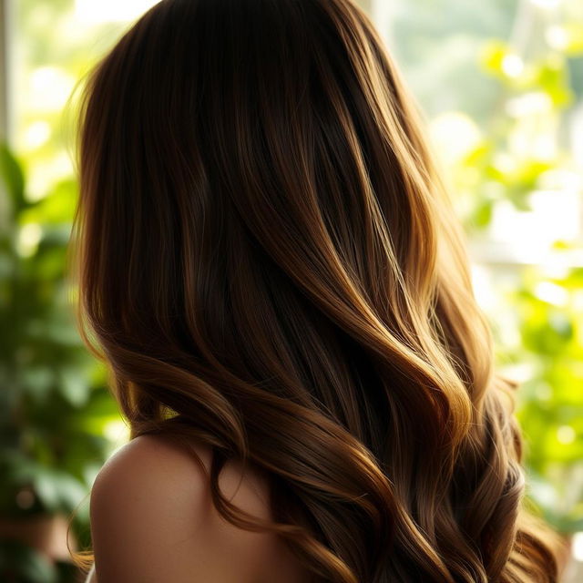 A beautiful girl with big, voluminous hair viewed from the back, showcasing her luscious locks cascading down in waves