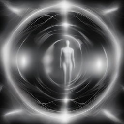 A black and white abstract visualization depicting astral projection, higher spirit communication, and reincarnation, hinting at multidimensional spiritual frequencies