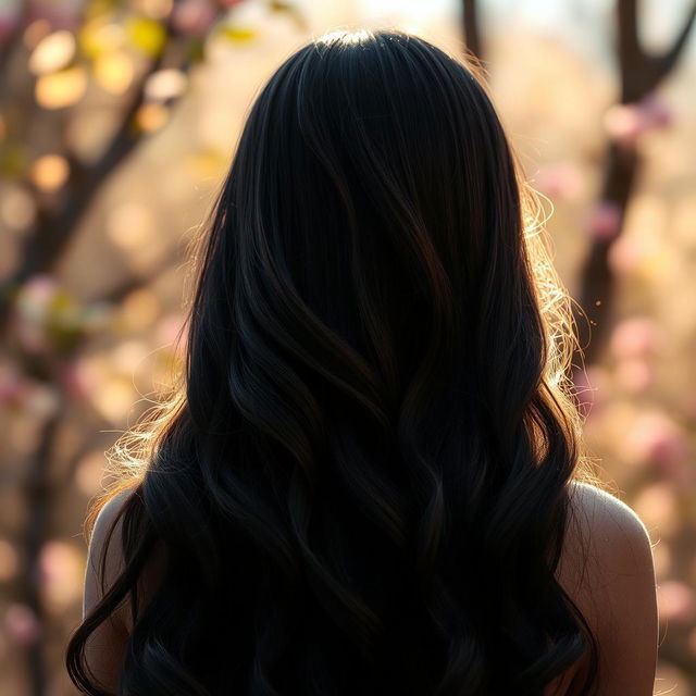 A captivating scene featuring a girl with long, dark hair, arranged elegantly in soft waves, viewed from behind so that her face is not visible