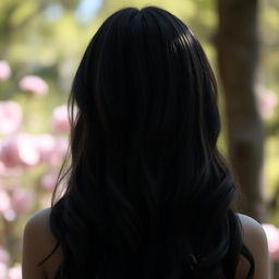 A captivating scene featuring a girl with long, dark hair, arranged elegantly in soft waves, viewed from behind so that her face is not visible