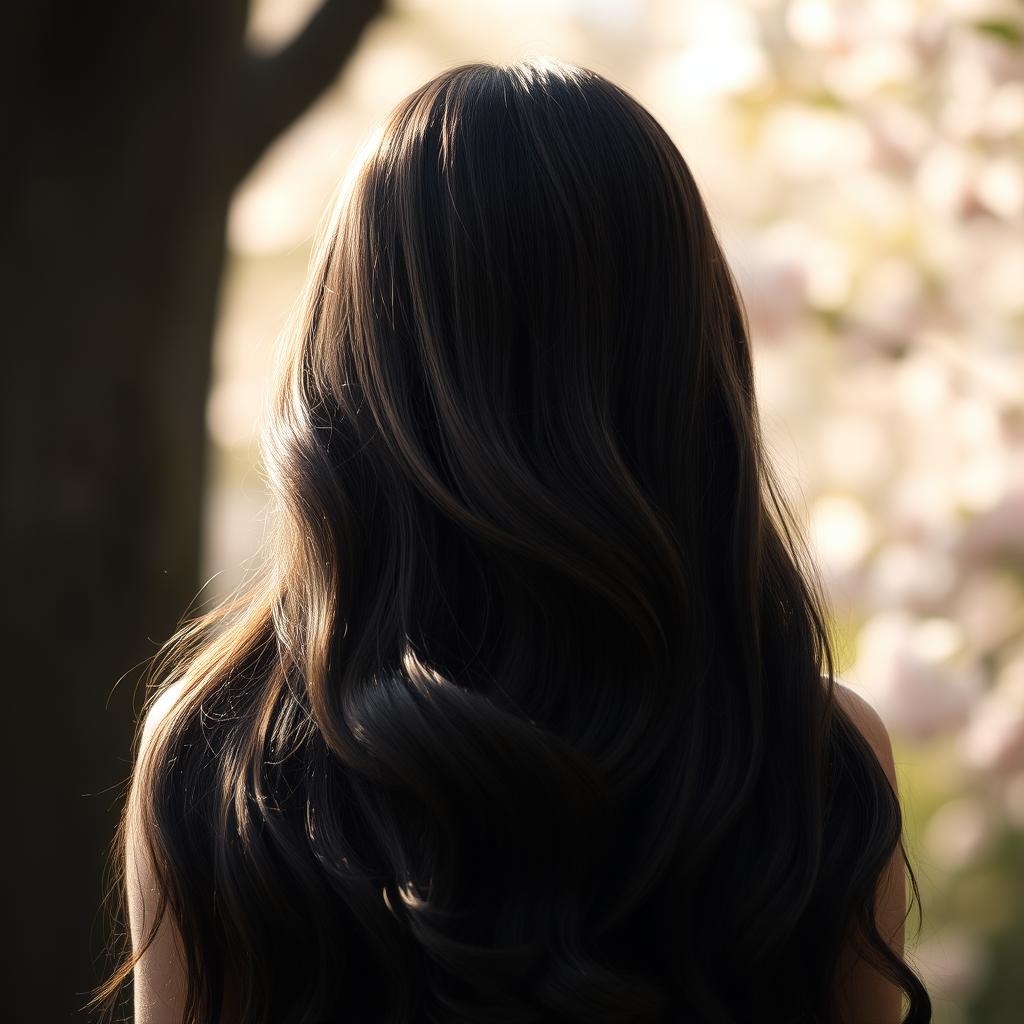 A captivating scene featuring a girl with long, dark hair, arranged elegantly in soft waves, viewed from behind so that her face is not visible