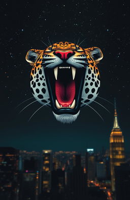 A striking head of a roaring leopard, showcasing its dramatic facial features and fierce expression