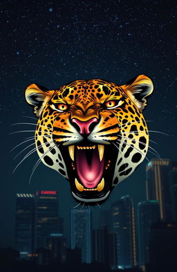 A striking head of a roaring leopard, showcasing its dramatic facial features and fierce expression