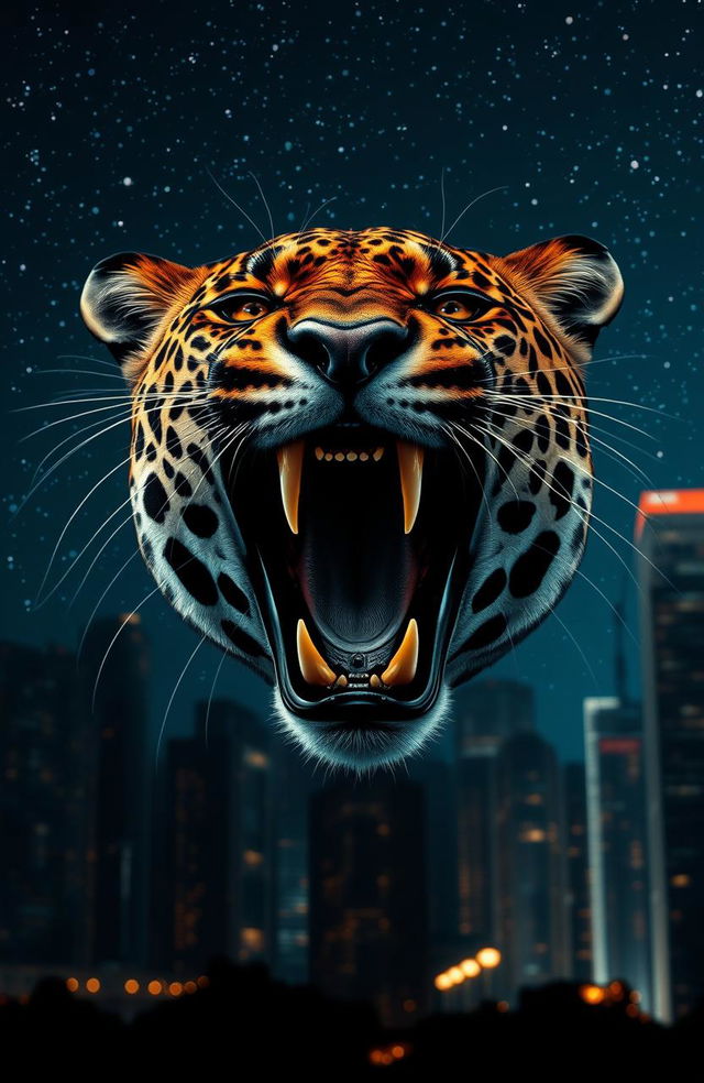 A striking head of a roaring leopard, showcasing its dramatic facial features and fierce expression