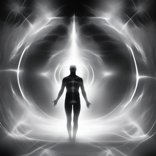 A black and white abstract visualization depicting astral projection, higher spirit communication, and reincarnation, hinting at multidimensional spiritual frequencies