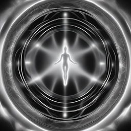 A black and white abstract visualization depicting astral projection, higher spirit communication, and reincarnation, hinting at multidimensional spiritual frequencies