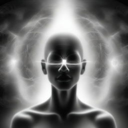 A black and white abstract visualization depicting astral projection, higher spirit communication, and reincarnation, hinting at multidimensional spiritual frequencies