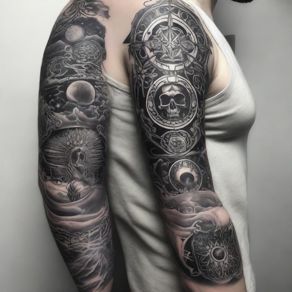 A black and white intricate sleeve tattoo design encapsulating themes of astral projection, higher spirit communication, reincarnation, and multidimensional spiritual frequencies