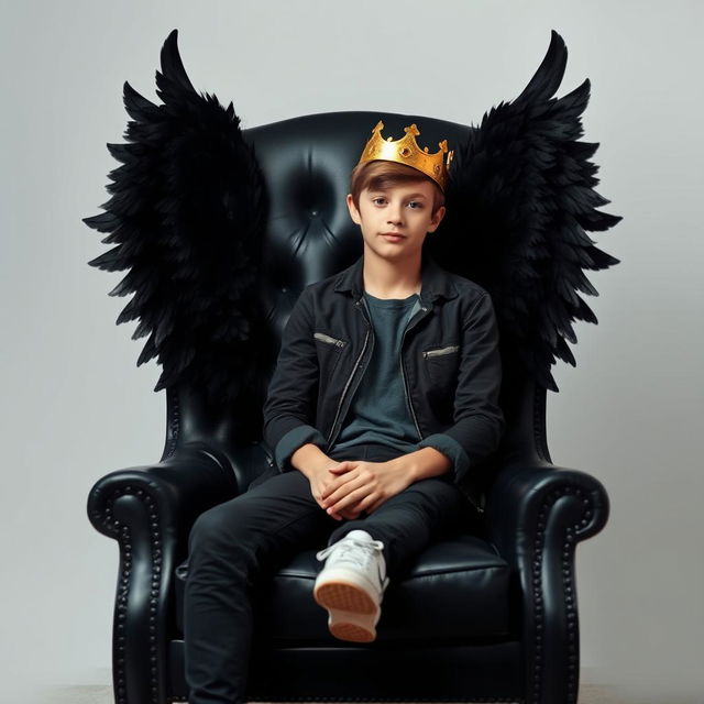 A stylish black chair positioned prominently in the center of the image with a teenage boy sitting on it, wearing a golden crown tilted slightly to one side