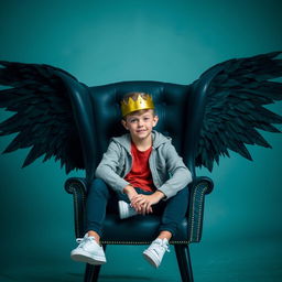 A stylish black chair positioned prominently in the center of the image with a teenage boy sitting on it, wearing a golden crown tilted slightly to one side