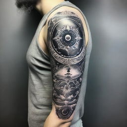 A black and white intricate sleeve tattoo design encapsulating themes of astral projection, higher spirit communication, reincarnation, and multidimensional spiritual frequencies