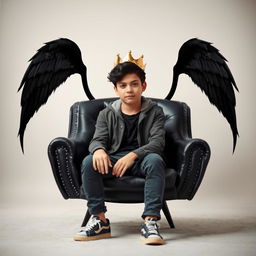 A stylish black chair positioned prominently in the center of the image with a teenage boy sitting on it, wearing a golden crown tilted slightly to one side
