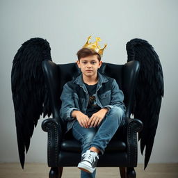 A stylish black chair positioned prominently in the center of the image with a teenage boy sitting on it, wearing a golden crown tilted slightly to one side