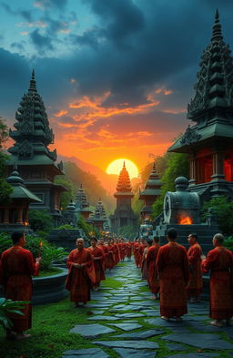 A mystical representation of the Majapahit kingdom, showcasing its grandeur and spirituality during the 14th century