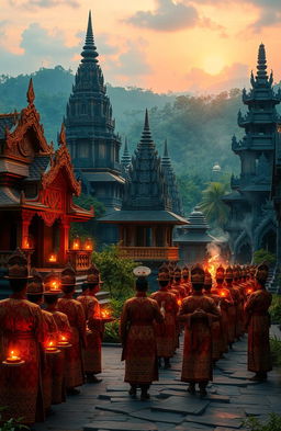 A mystical representation of the Majapahit kingdom, showcasing its grandeur and spirituality during the 14th century