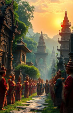 A mystical representation of the Majapahit kingdom, showcasing its grandeur and spirituality during the 14th century