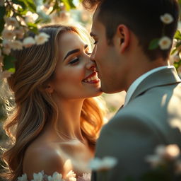 A romantic close-up of an enchanting and beautiful woman sharing a tender kiss with her partner