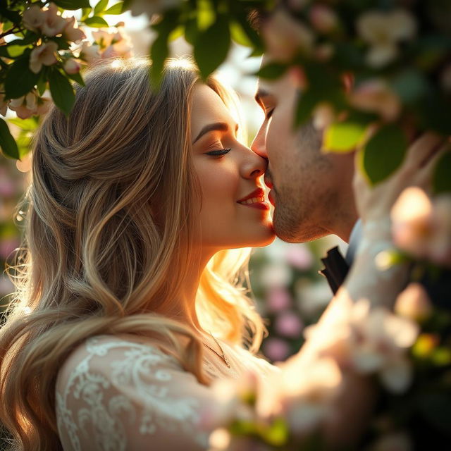 A romantic close-up of an enchanting and beautiful woman sharing a tender kiss with her partner