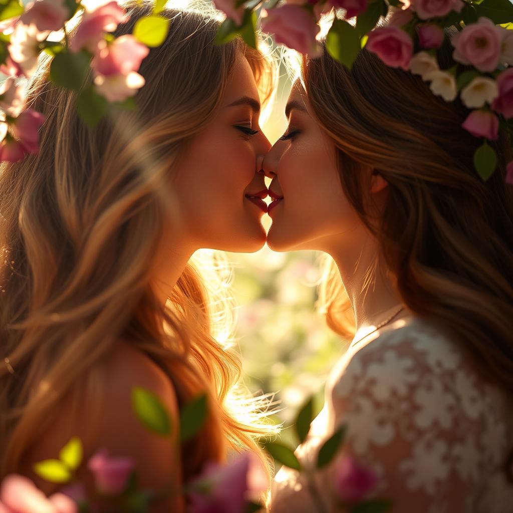 A romantic close-up of an enchanting and beautiful woman sharing a tender kiss with her partner