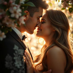 A romantic close-up of an enchanting and beautiful woman sharing a tender kiss with her partner