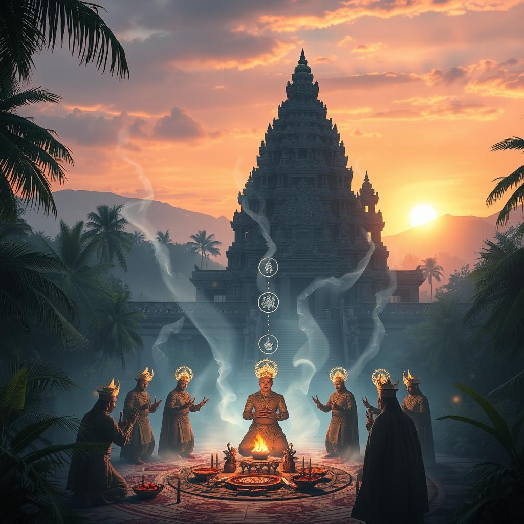 A mystical scene depicting the ancient Majapahit kingdom immersed in occult practices