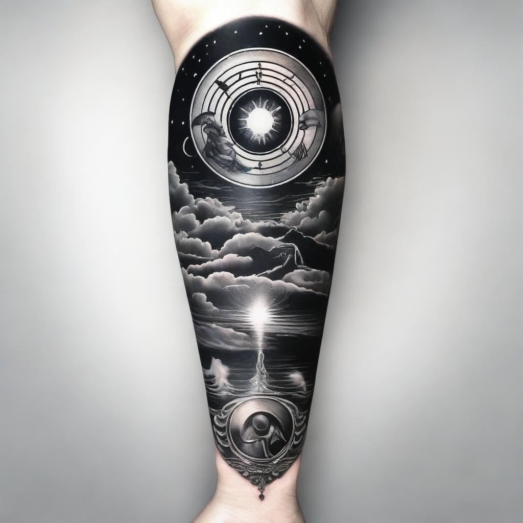 Black and white sleeve tattoo concept facilitates a visual narrative of direct communication between a spirit and heaven, incorporating elements of astral projection, reincarnation, and multidimensional spiritual frequencies