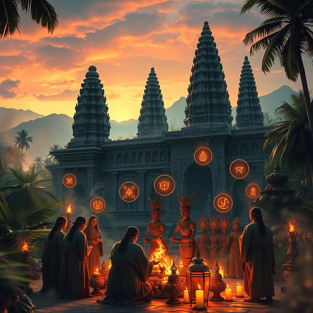 A mystical scene depicting the ancient Majapahit kingdom immersed in occult practices