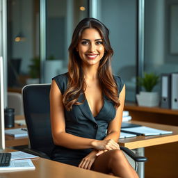 A strikingly attractive secretary in a sleek and professional outfit, sitting at a modern office desk