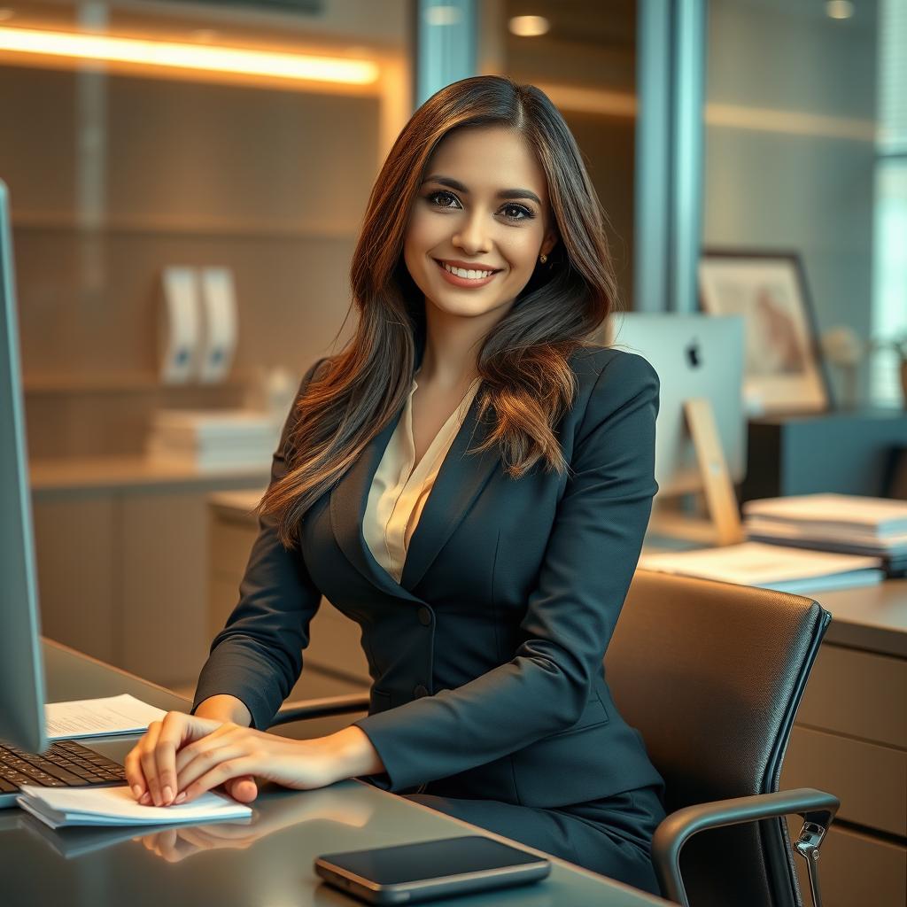 A strikingly attractive secretary in a sleek and professional outfit, sitting at a modern office desk