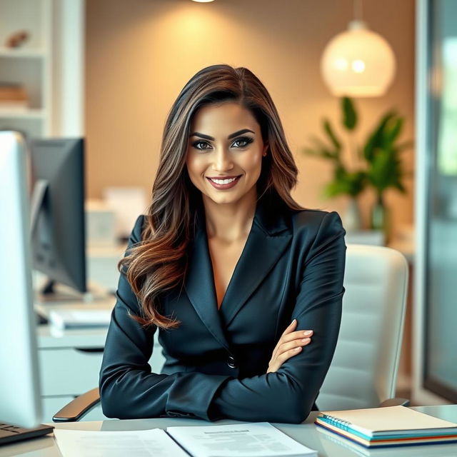 A strikingly attractive secretary in a sleek and professional outfit, sitting at a modern office desk