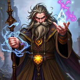 A powerful wizard character casting a spell, dressed in intricate robes adorned with mystical symbols