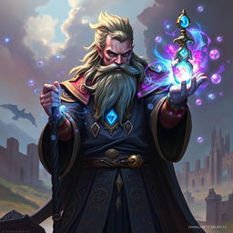 A powerful wizard character casting a spell, dressed in intricate robes adorned with mystical symbols