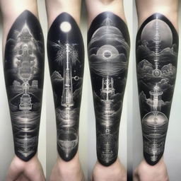 Black and white sleeve tattoo concept facilitates a visual narrative of direct communication between a spirit and heaven, incorporating elements of astral projection, reincarnation, and multidimensional spiritual frequencies