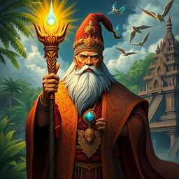 A majestic wizard set in the Majapahit kingdom, wearing traditional Indonesian attire that reflects the rich culture of the era, complete with intricate patterns and vibrant colors