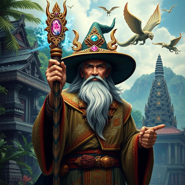 A majestic wizard set in the Majapahit kingdom, wearing traditional Indonesian attire that reflects the rich culture of the era, complete with intricate patterns and vibrant colors