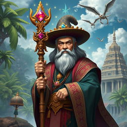 A majestic wizard set in the Majapahit kingdom, wearing traditional Indonesian attire that reflects the rich culture of the era, complete with intricate patterns and vibrant colors