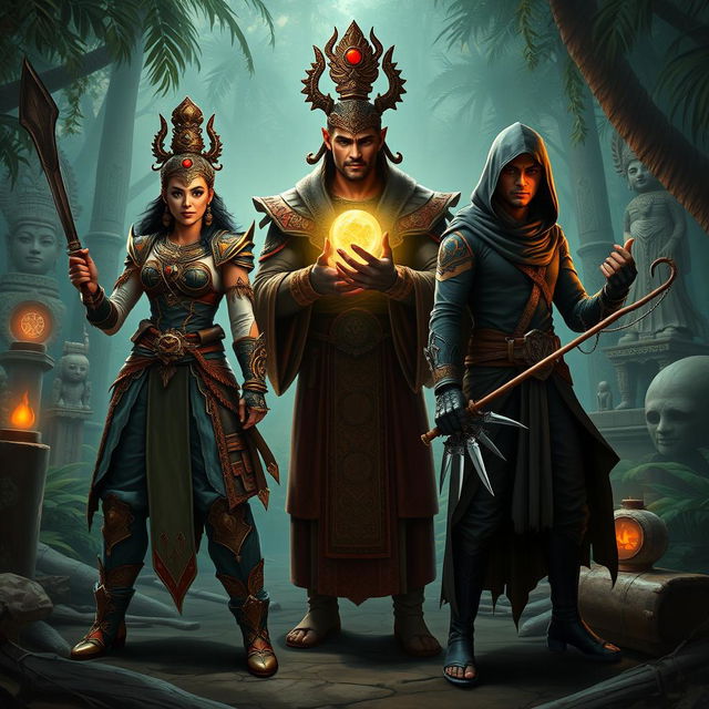 An occult hunter team set in the Majapahit kingdom era, consisting of three diverse hunters, each with unique attire and weapons reflecting the rich cultural heritage