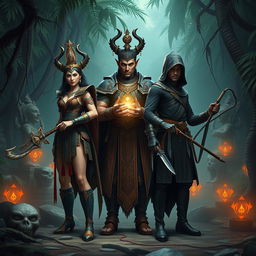 An occult hunter team set in the Majapahit kingdom era, consisting of three diverse hunters, each with unique attire and weapons reflecting the rich cultural heritage