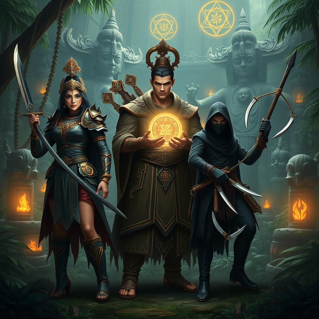 An occult hunter team set in the Majapahit kingdom era, consisting of three diverse hunters, each with unique attire and weapons reflecting the rich cultural heritage