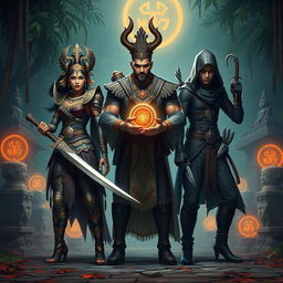 An occult hunter team set in the Majapahit kingdom era, consisting of three diverse hunters, each with unique attire and weapons reflecting the rich cultural heritage
