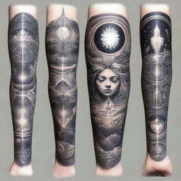 Black and white sleeve tattoo concept facilitates a visual narrative of direct communication between a spirit and heaven, incorporating elements of astral projection, reincarnation, and multidimensional spiritual frequencies