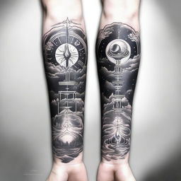 A light-themed black and white sleeve tattoo design showing a narrative of spiritual communication between spirit and heaven, with elements of astral projection, reincarnation, and multidimensional frequencies