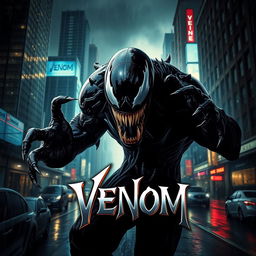 An artistic movie poster for a fictional movie titled 'Venom', featuring a dark, menacing figure resembling a mix between a symbiote and a monstrous entity