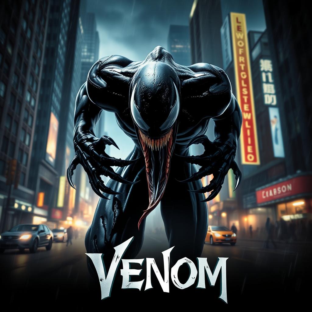 An artistic movie poster for a fictional movie titled 'Venom', featuring a dark, menacing figure resembling a mix between a symbiote and a monstrous entity